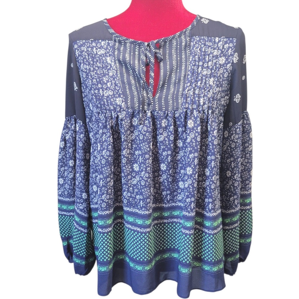 GAP XS Navy Blue Floral Boho Peasant Blouse Keyhole Long‎ Sleeve Runs Big E648